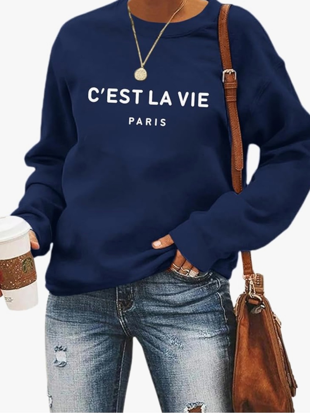 Navy Blue C'est La Vie Crew Neck Pullover Sweatshirt